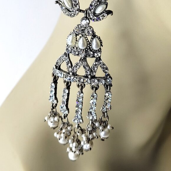 Crystal Chandelier Earrings with Pearls - Picture 4 of 8